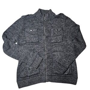 Rock & Republic Heathered Grey Grandpa Zip Up Sweater Cardigan Button Det XL